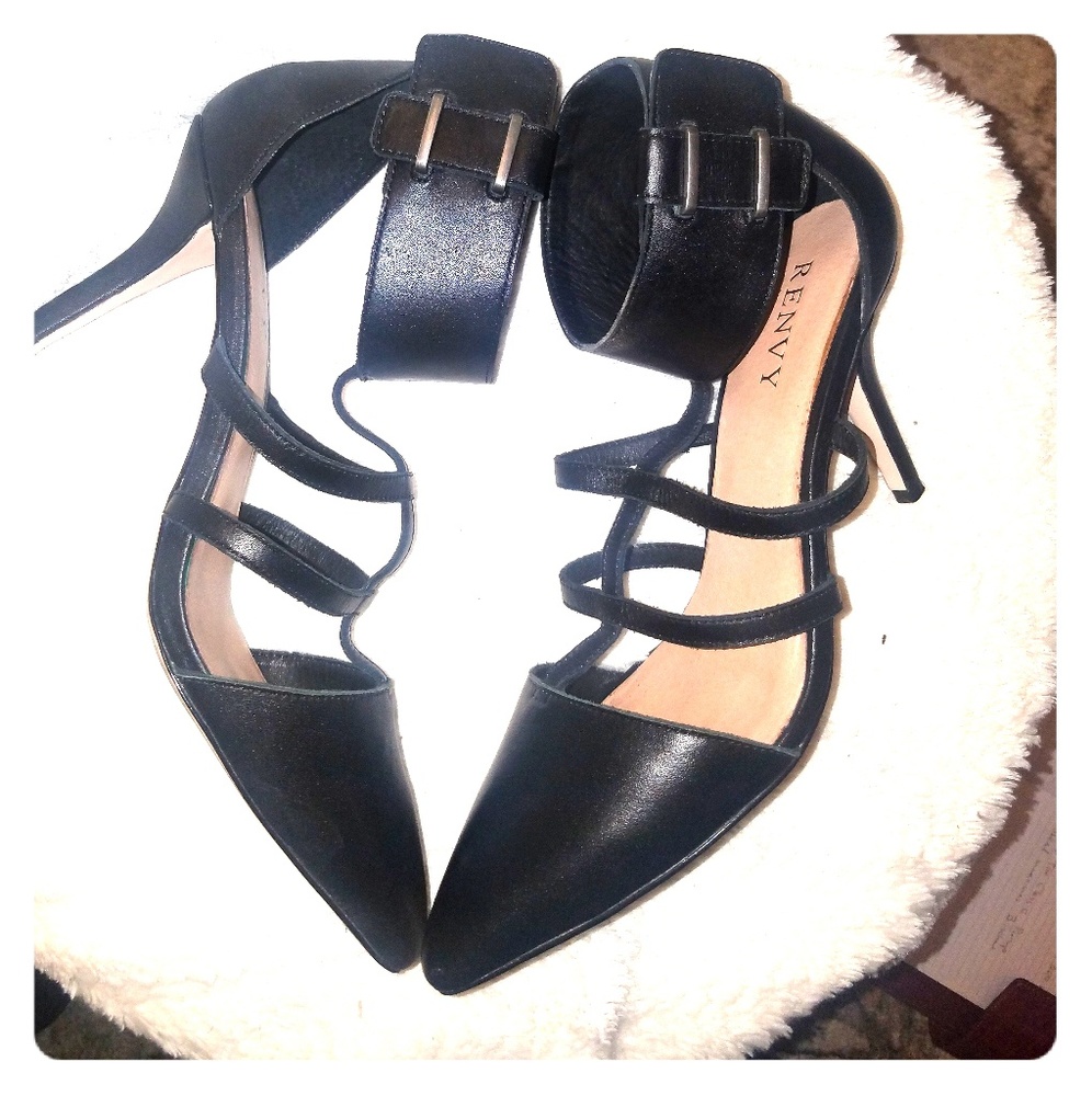 Renvy Black Leather Ankle Wrap Heels